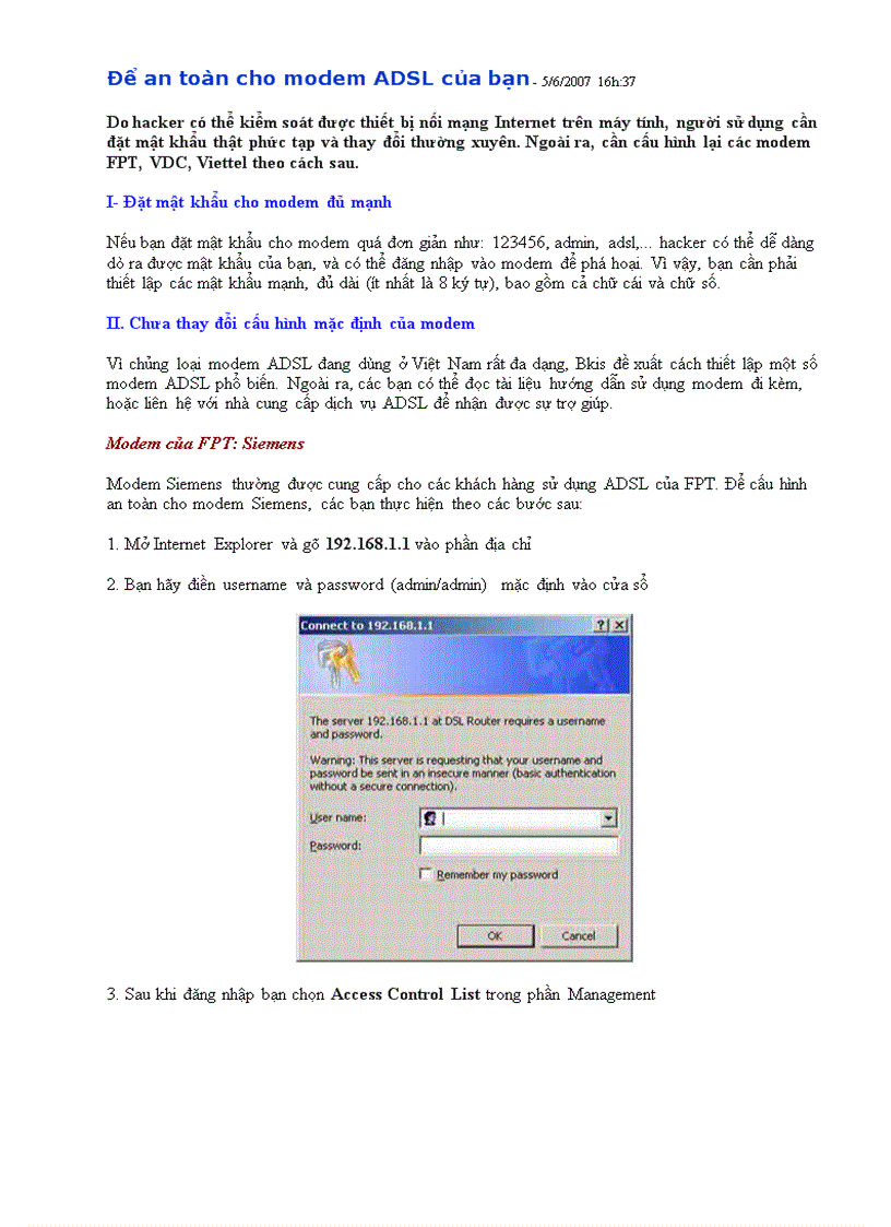 Để an toàn cho modem ADSL của bạn