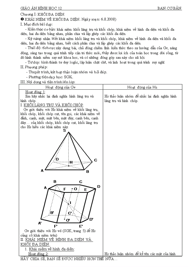 Giáo án H Học mới 08 09 Chuẩn