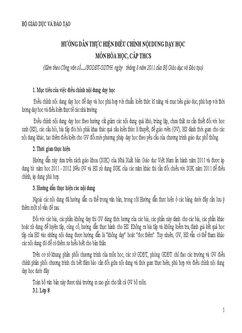 Dự thảo hướng dẫn thực hiện điều chỉnh nội dung dạy học môn hóa học cấp thcs