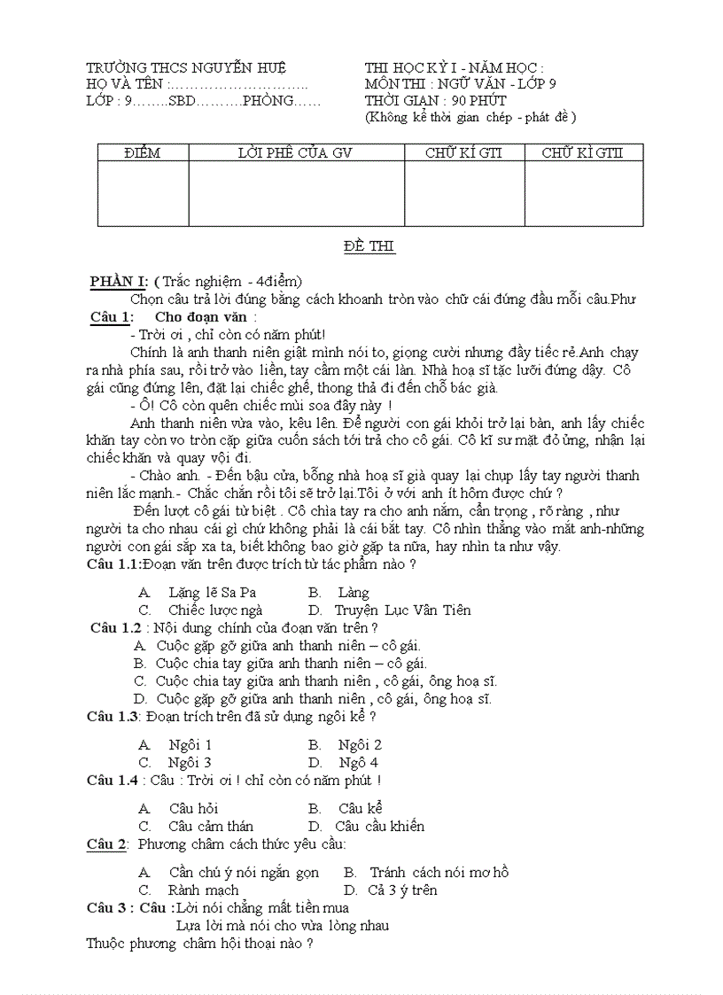Đề thi đáp án Ngữ văn lớp 9