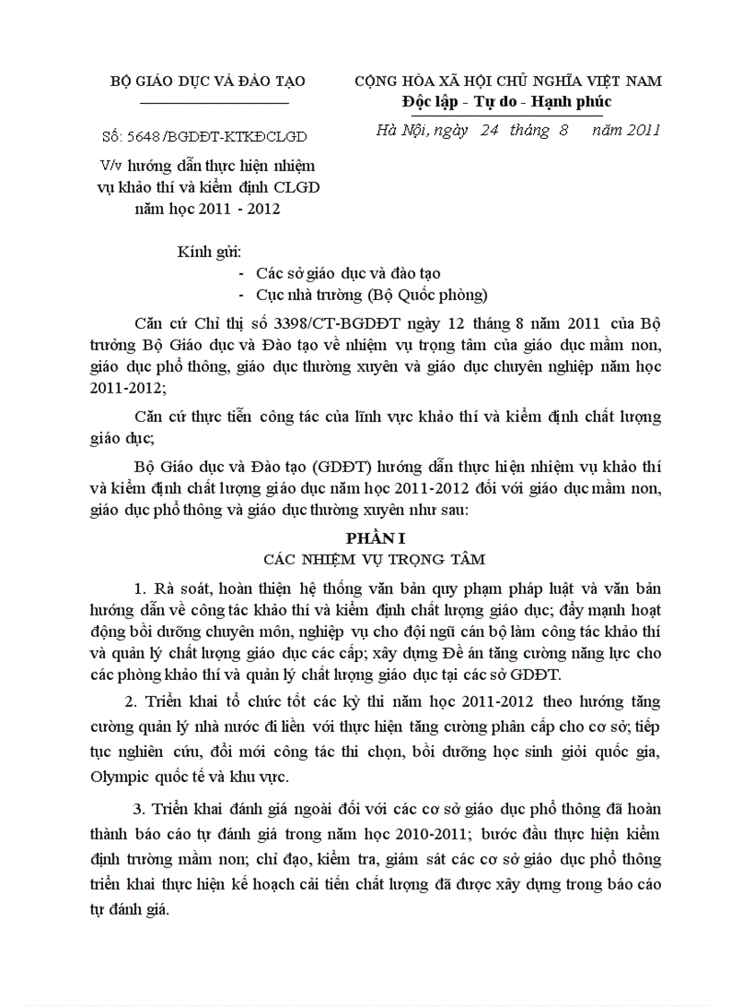 Hướng dẫn thực hiện nhiệm vụ khảo thí và kiểm định CLGD năm học 2011 2012