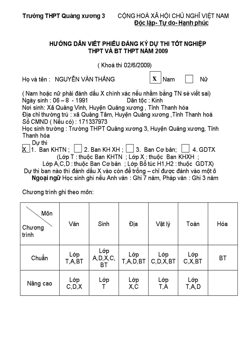 Hướng dân viết ĐK DT Tốt nghiệp năm 2009