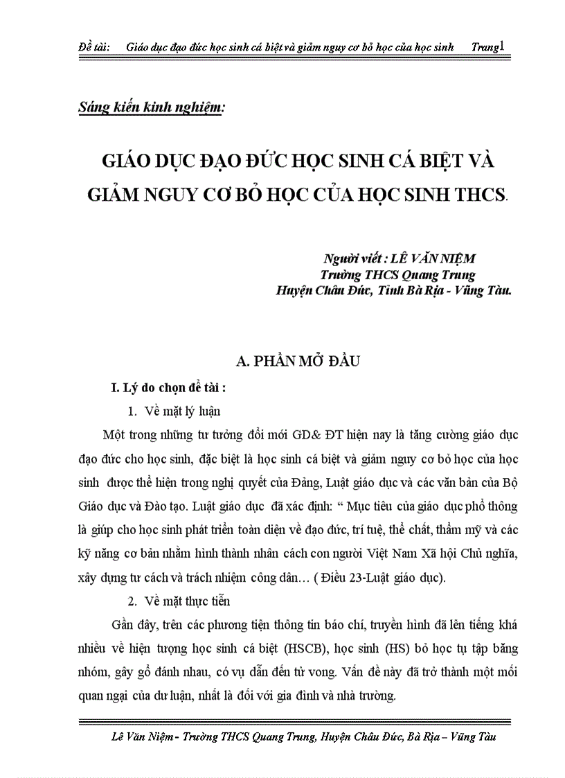 Giáo dục đạo đức học sinh cá biệt và giảm nguy cơ bỏ học của học sinh THCS