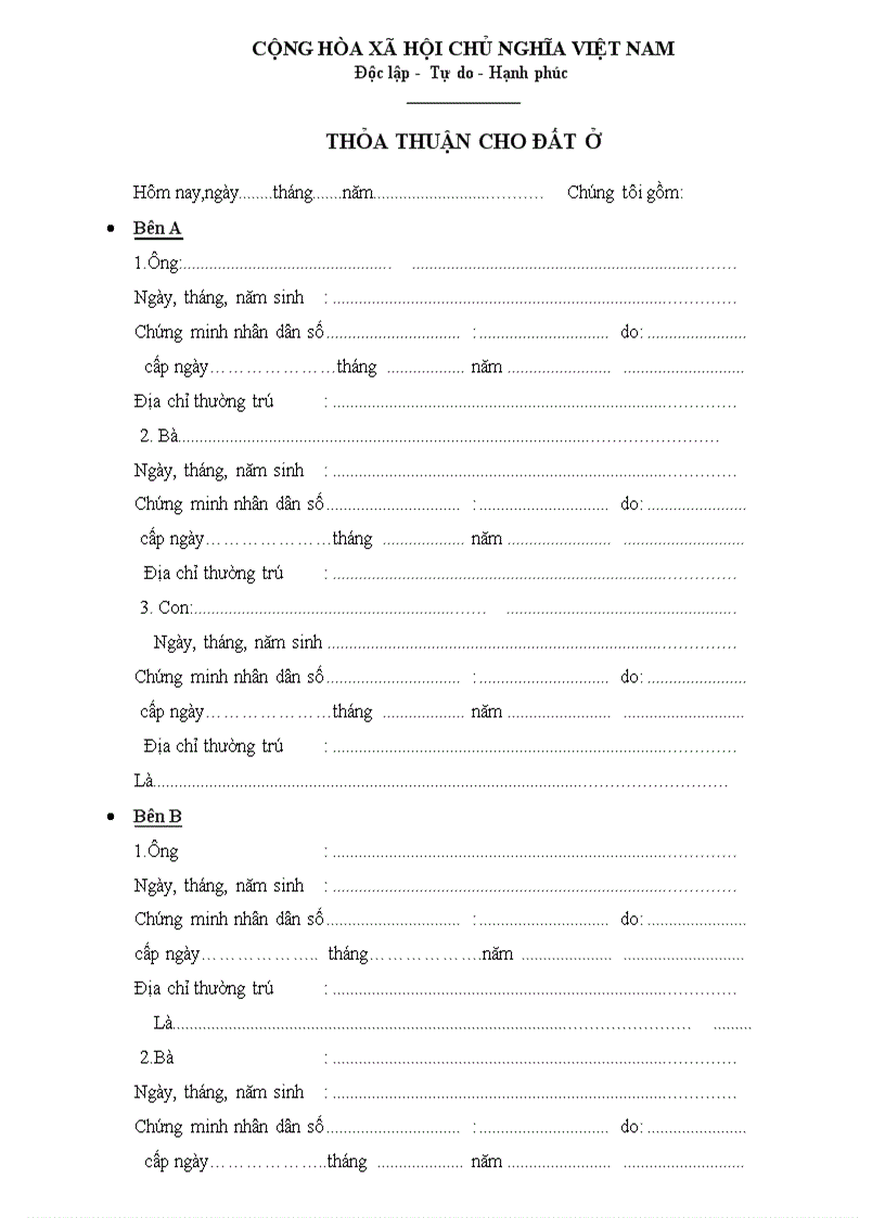 Giấy thỏa thuận cho đất ở