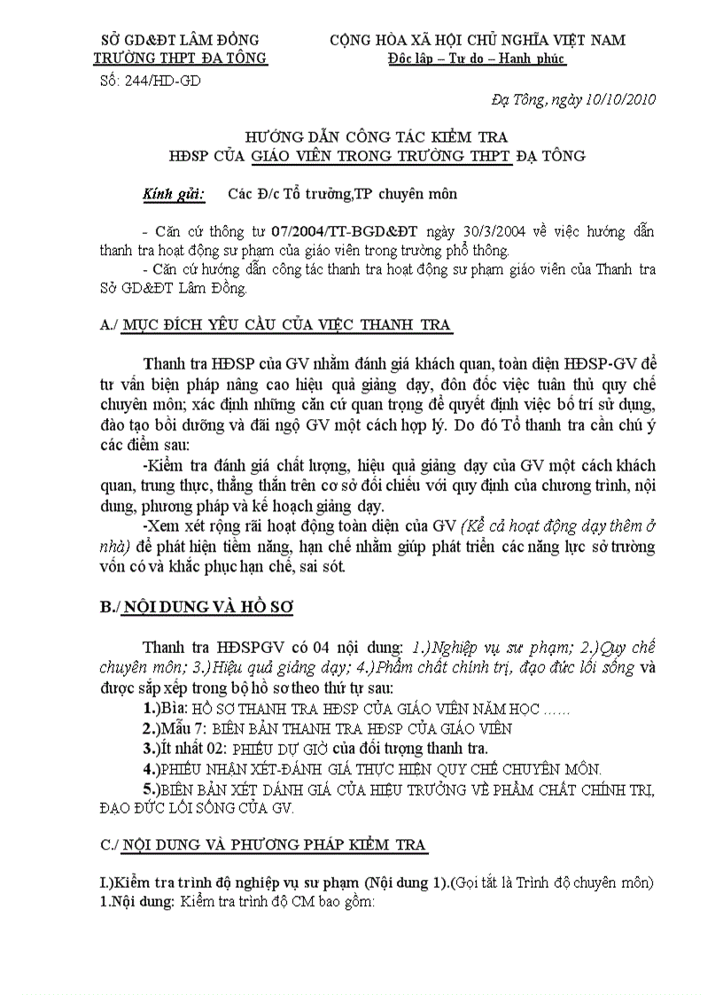 Hướng dẫn công tác thanh tra hoạt động SP giáo viên trường THPT Đạ Tông