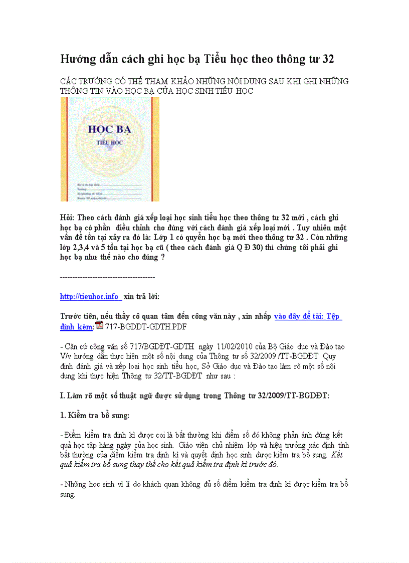 Hướng dẫn cách ghi học bạ theo thông tư 32