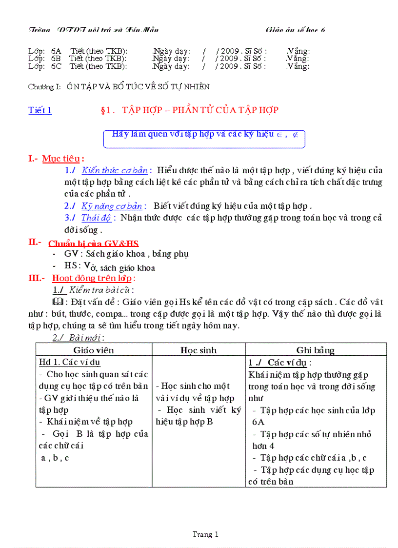 Giáo án toán 6 3 cột chuẩn