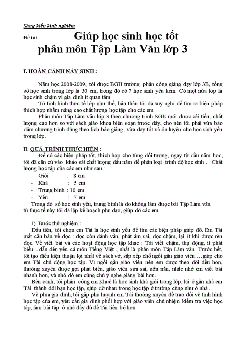 Giúp học sinh học tốt phân môn Tập Làm Văn lớp 3