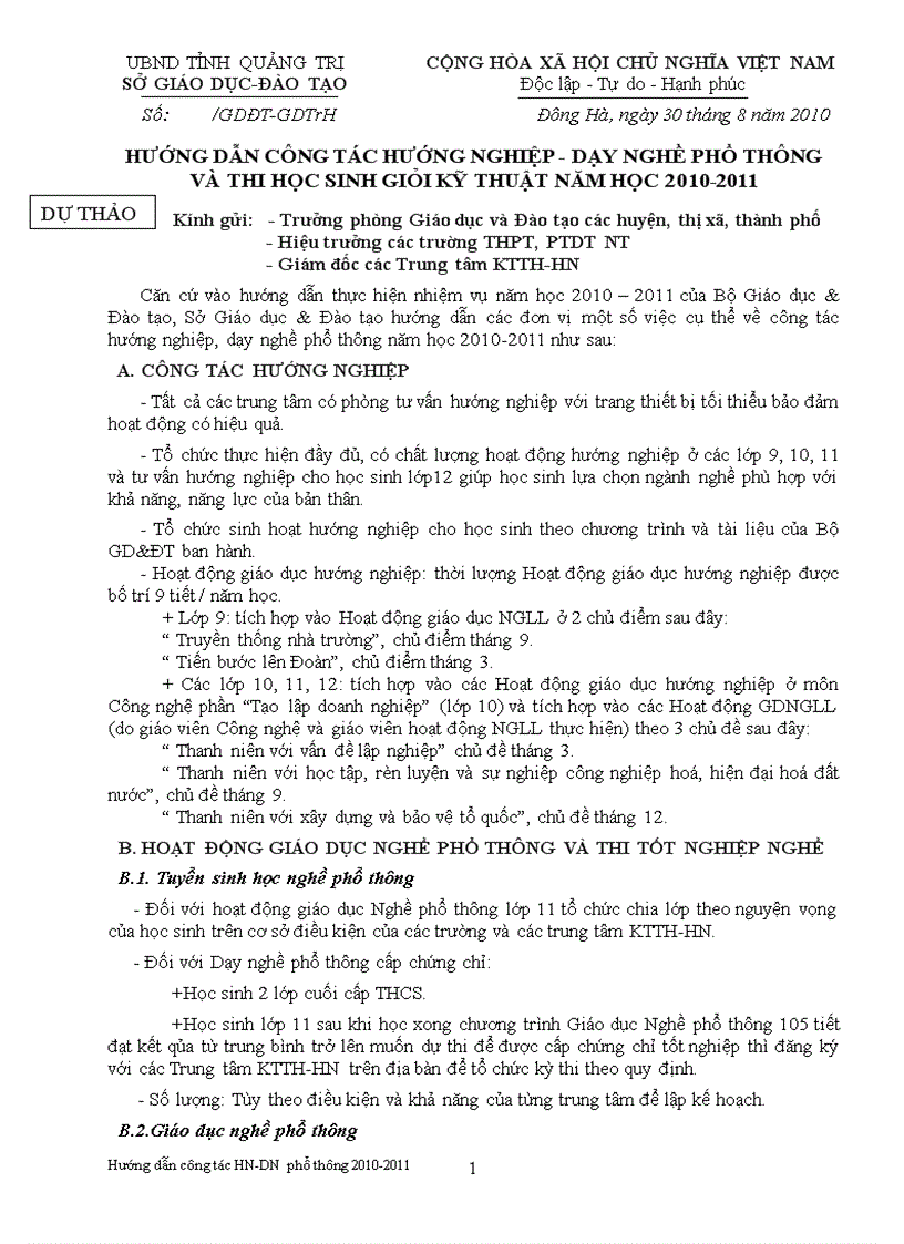 Hướng dẫn công tác hướng nghiệp dạy nghề phổ thông và thi học sinh giỏi kỹ thuật năm học 2010 2011