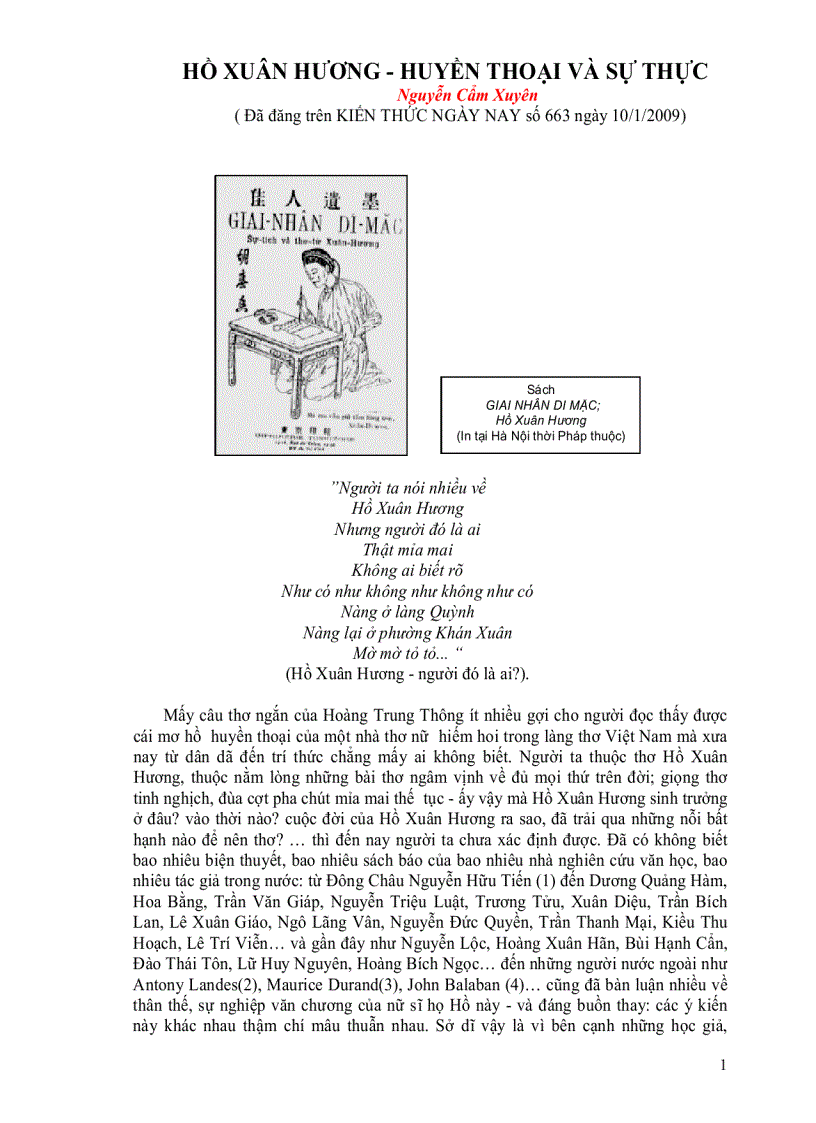 Hồ Xuân Hương Huyền thoại và sự thực