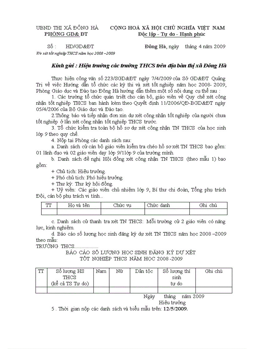 Hướng dẫn xét TN THCS năm học 08 09