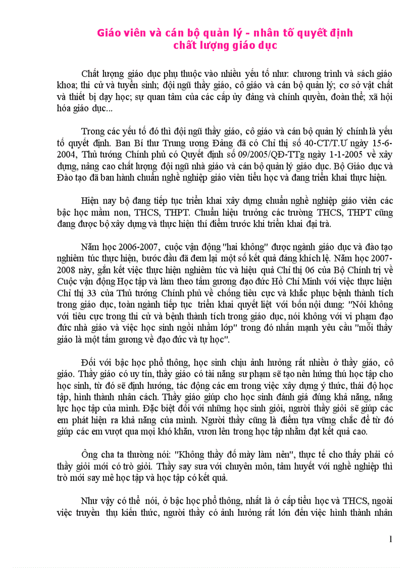 Giáo viên và cán bộ quản lý nhân tố quyết định chất lượng giáo dục