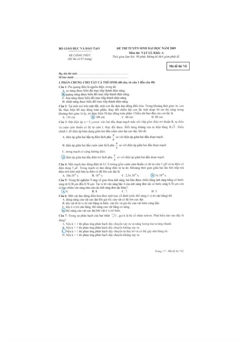 Gợi ý giải đề thi môn Vật lý khối A