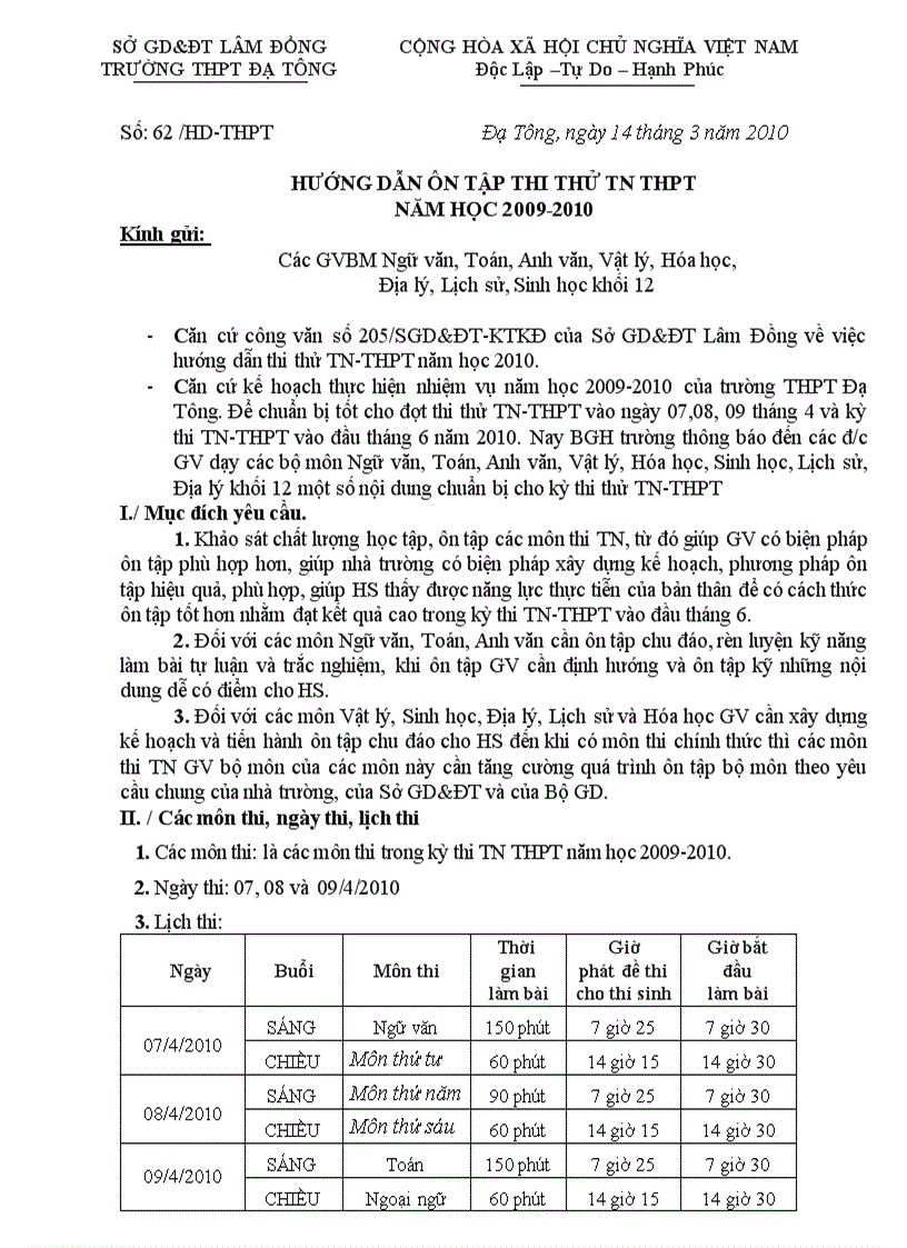 Hướng dẫn ôn thi thử TN THPT năm học 2009 2010 Trường THPT Đạ Tông