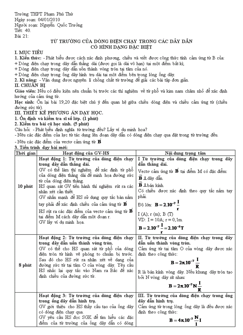 Giáo án vật lí 11 tiết 40