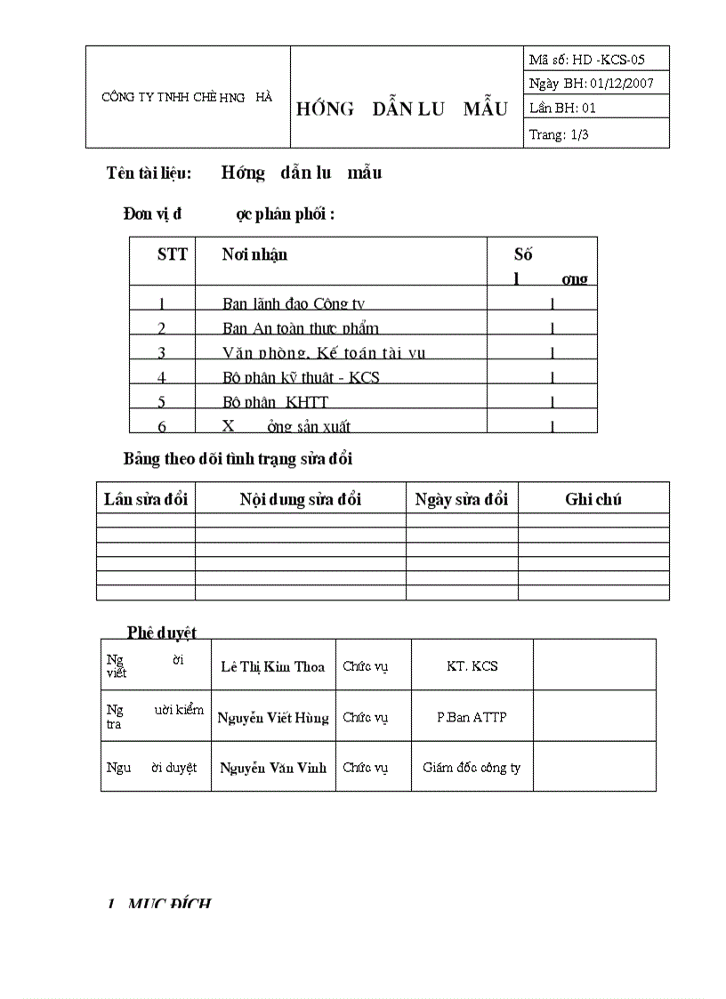 HACCP Hứng dẫn lưu mẫu