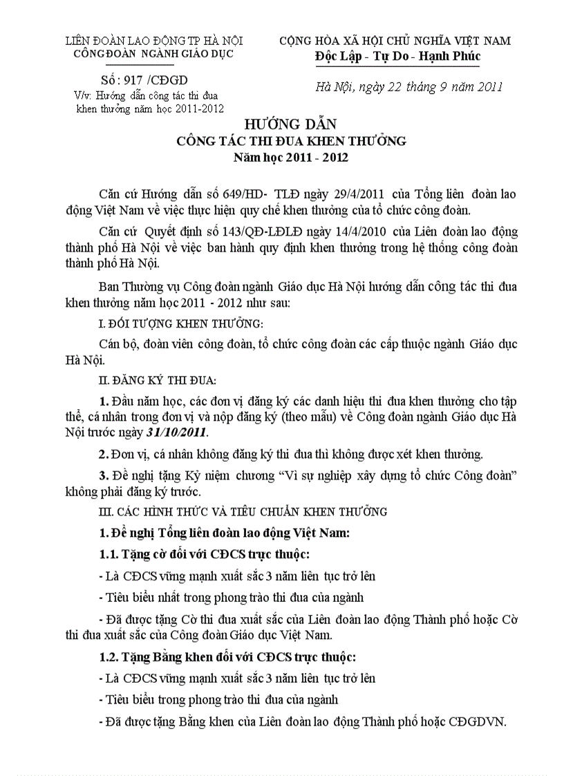 Hướng dẫn công tác Thi đua khen thưởng năm học 2011 2012 của Công đoàn ngành Giáo dục Hà Nội