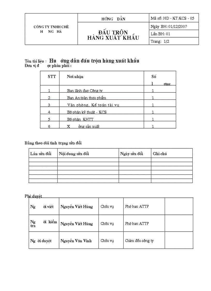 HACCP Hướng dẫn đấu trộn hàng xuất khẩu