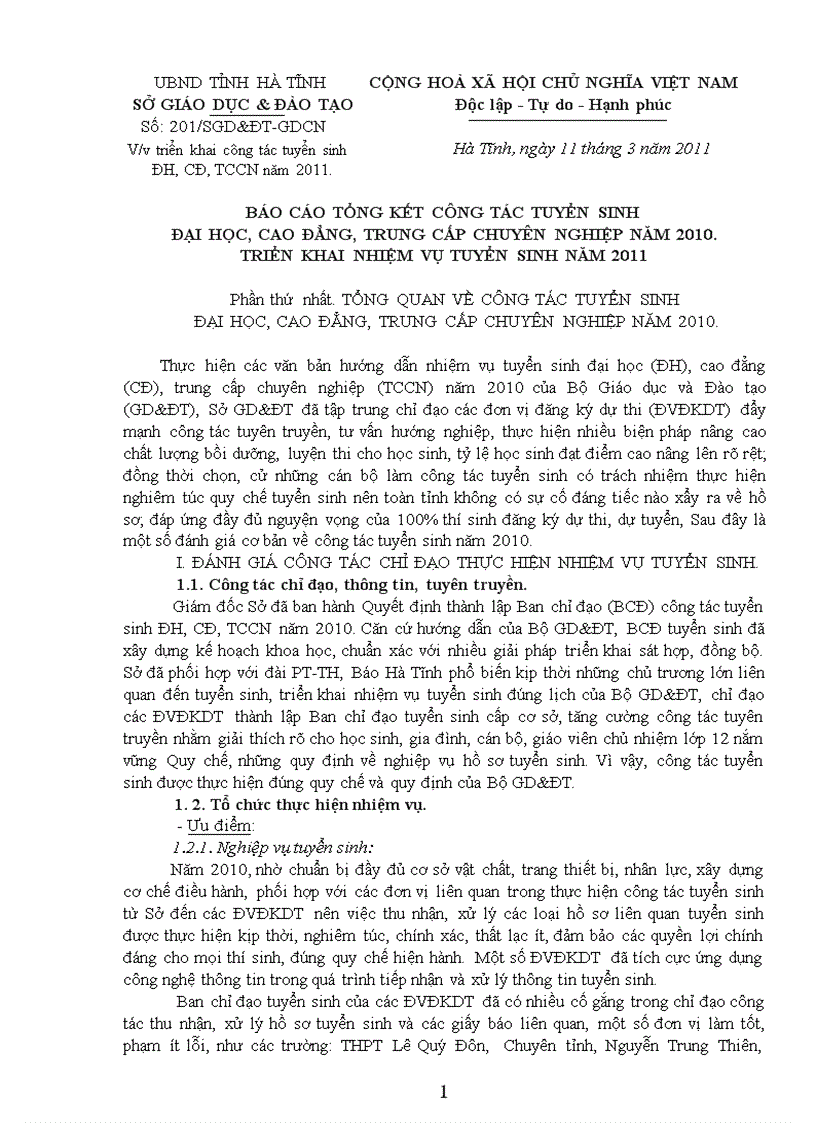 Hướng dẫn công tác tuyển sinh ĐH CĐ năm 2011