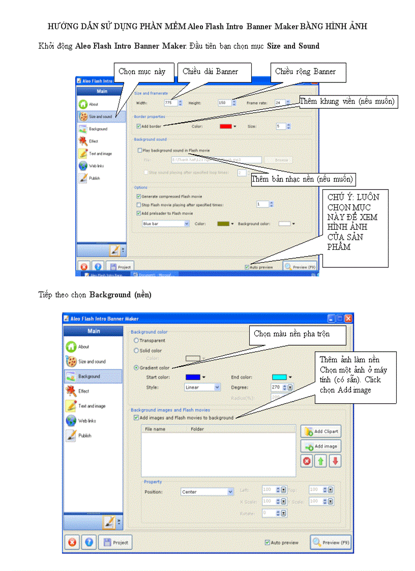 Hướng dẫn trang trí Web bằng phần mềm Aleo Flash Intro Banner Maker BANG HINH ANH