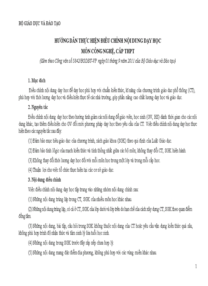 Hướng dẫn điều chỉnh nội dung dạy học giảm tải môn công nghệ cấp thpt