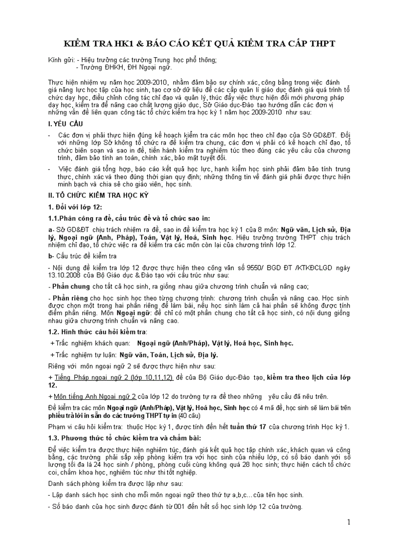 Hướng dẫn Kiển tra học kì 1 năm học 2009 2010