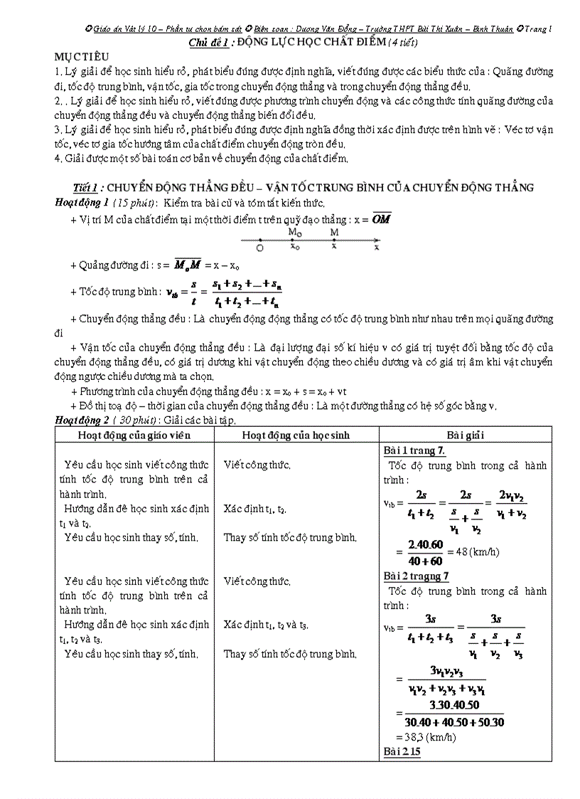 Giáo án tự chọn Vật lý 10