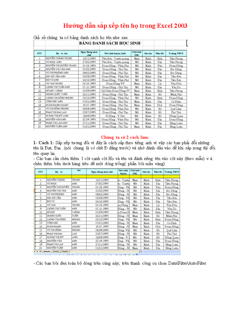 Huong dan sap xep ho ten trong excel