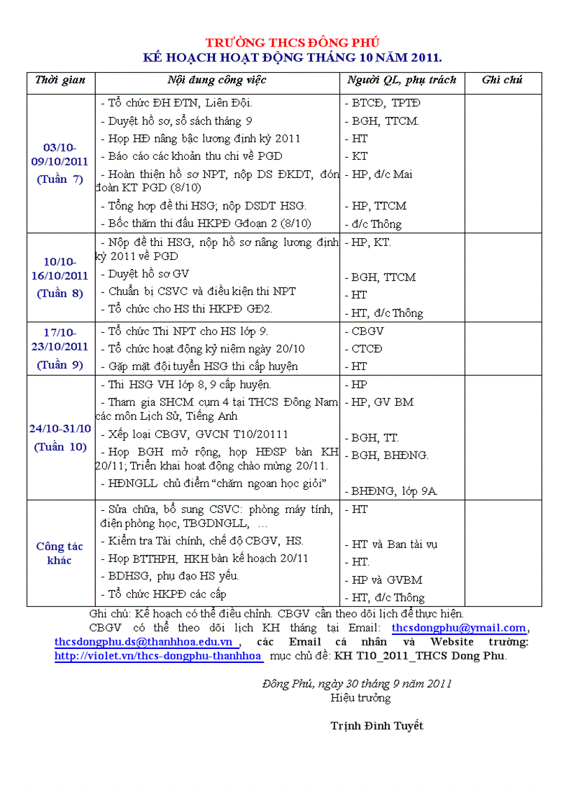 Kế hoạch công tác tháng 10 năm 2011 thcs đông phú