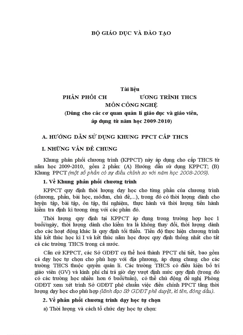 Khung Phân phối chương trình môn Công nghệ THCS 2009 2010