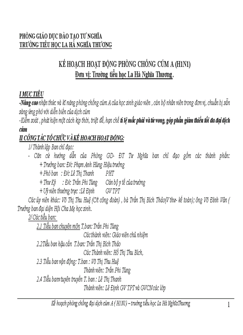 Kế hoach phòng chống cum A chi tiết cụ thể trong trường tiểu học