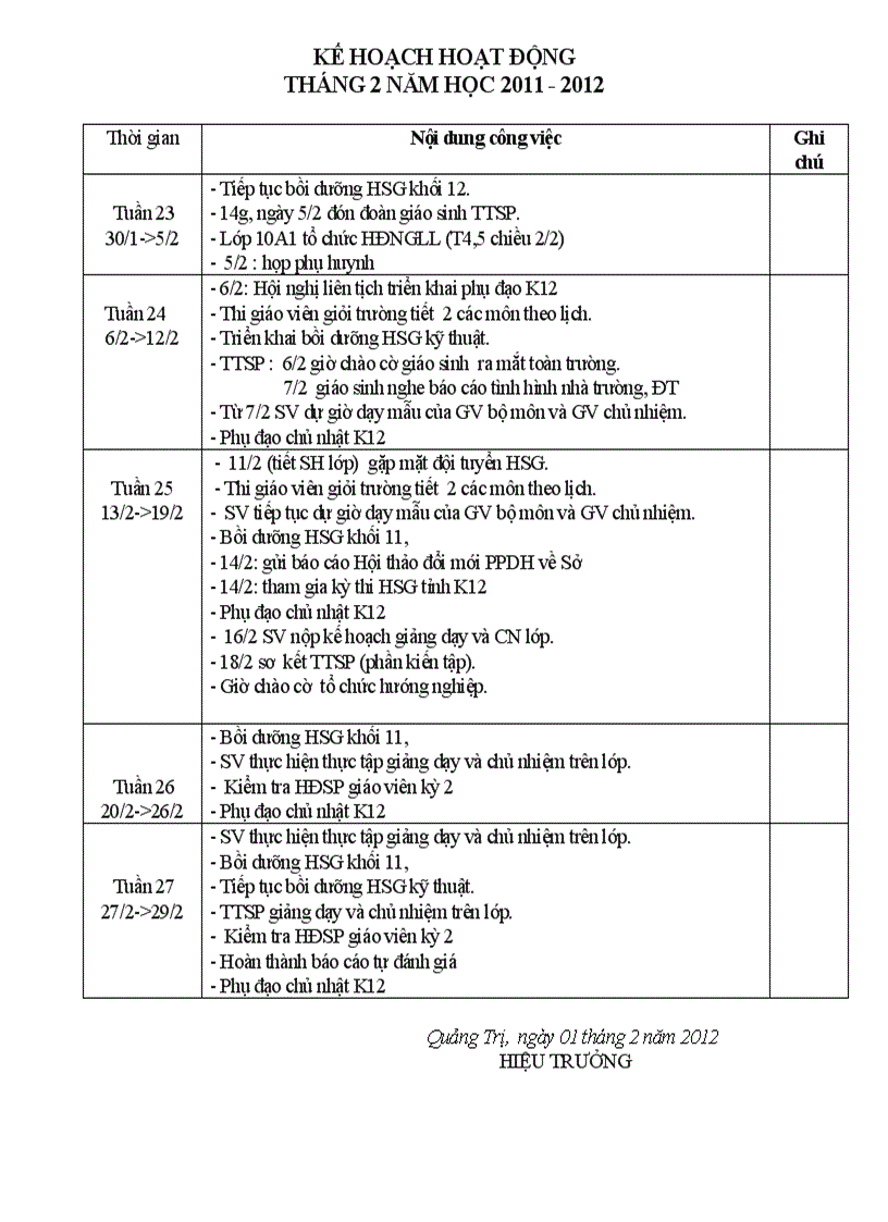 Kế hoạch chuyên môn tháng 02 năm 2012