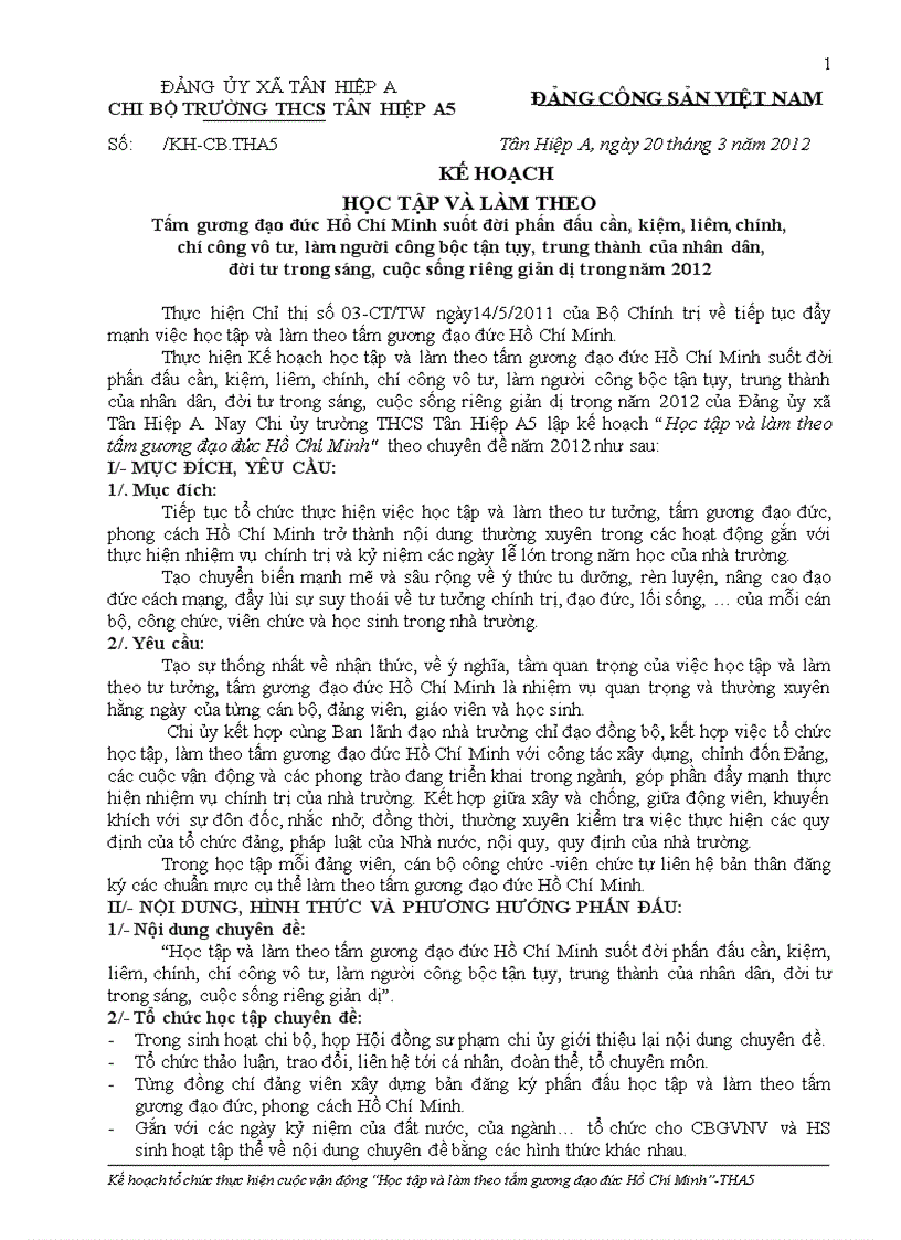 Kế hoạch học tập và làm theo tấm gương đạo đức Hồ Chí Minh suốt đời phấn đấu cần kiệm liêm chính chí công vô tư