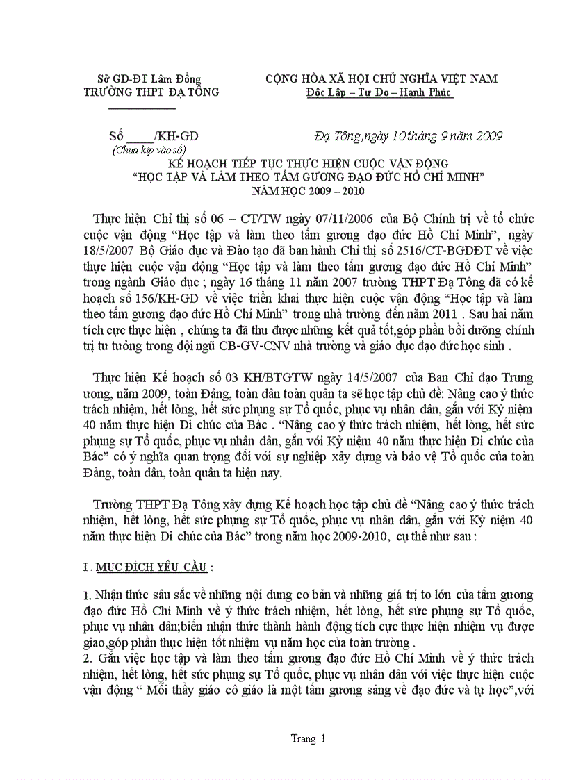 Kế hoạch tiếp tục thực hiện cuộc vận động học tập và làm theo tấm gương đạo đức hồ chí minh năm học 2009 2010