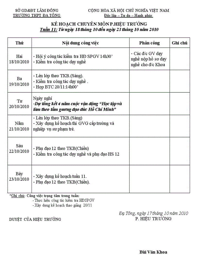 Kế hoạch PHT tuần 11