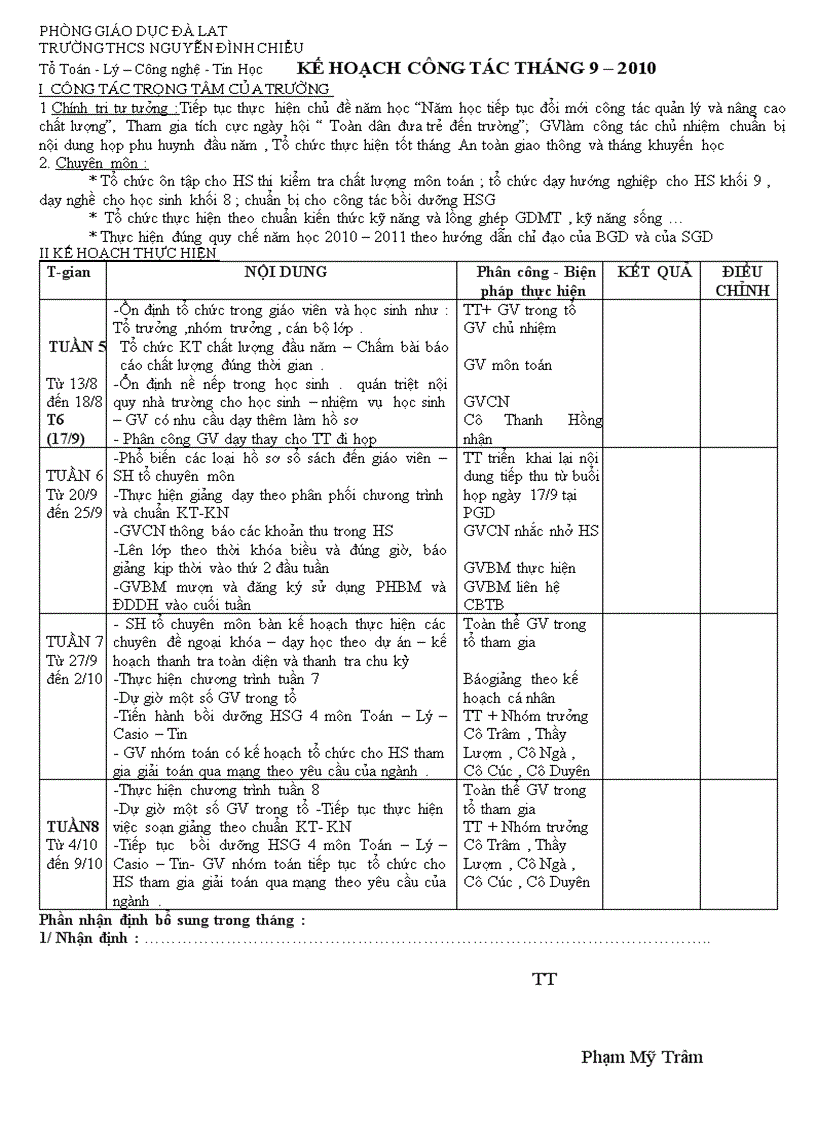 Kế hoạch tháng 9 Tổ toán Lý