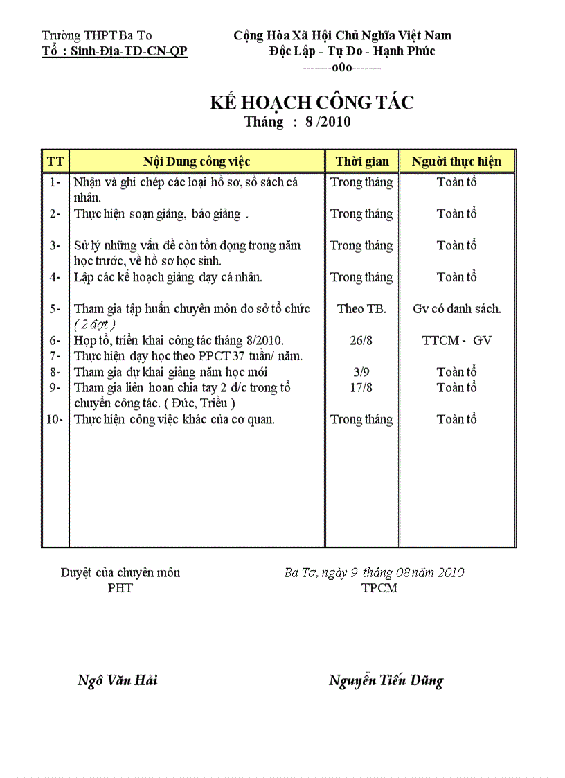 Kh công tác tháng 8 2010