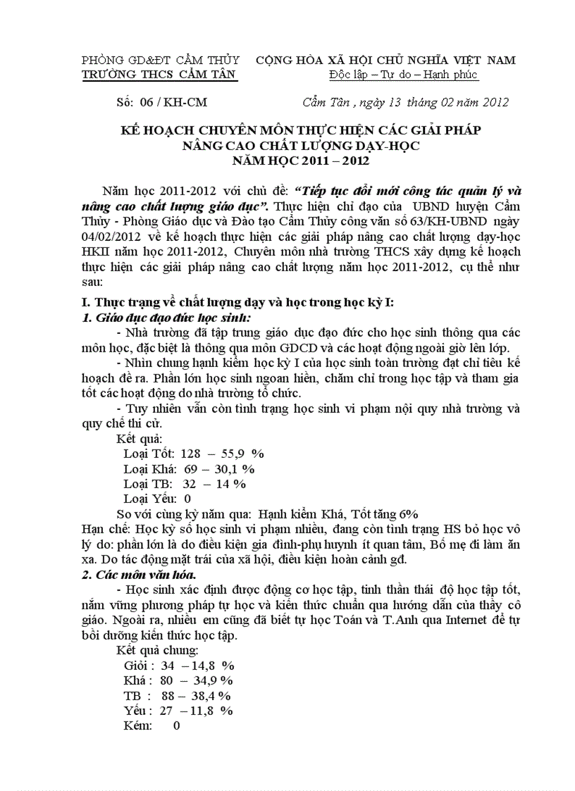 Kế hoạch nâng cao chất lượng dạy học năm học 2011 2012 Trường THCS Cẩm Tân Cẩm Thủy