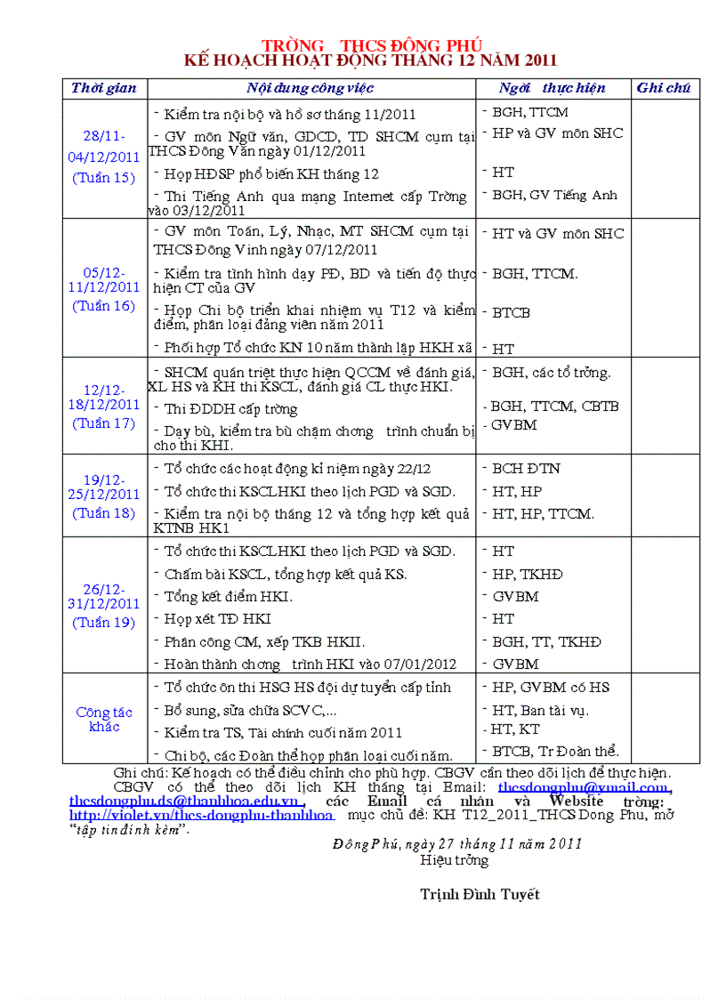 Kế hoạch công tác tháng 12 năm 2011 thcs đông phú