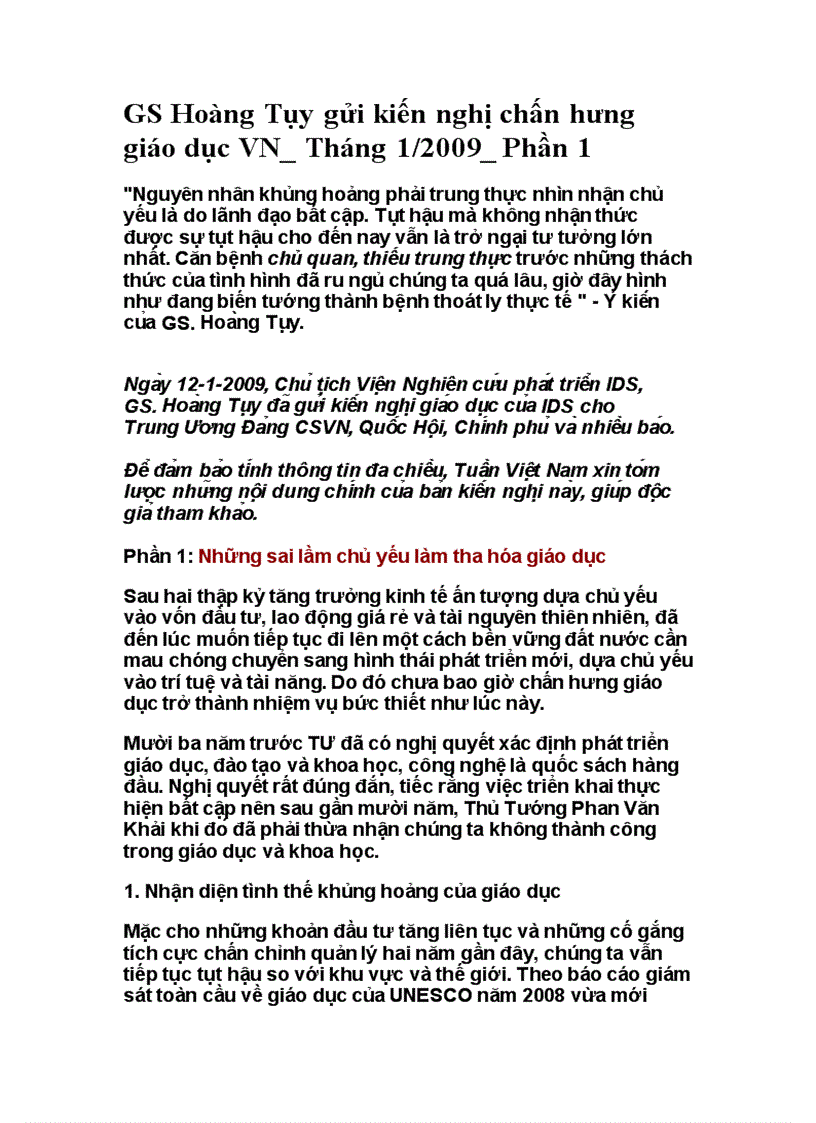 Kiến nghị của GS Hoàng Tụy về chấn hưng giáo dục