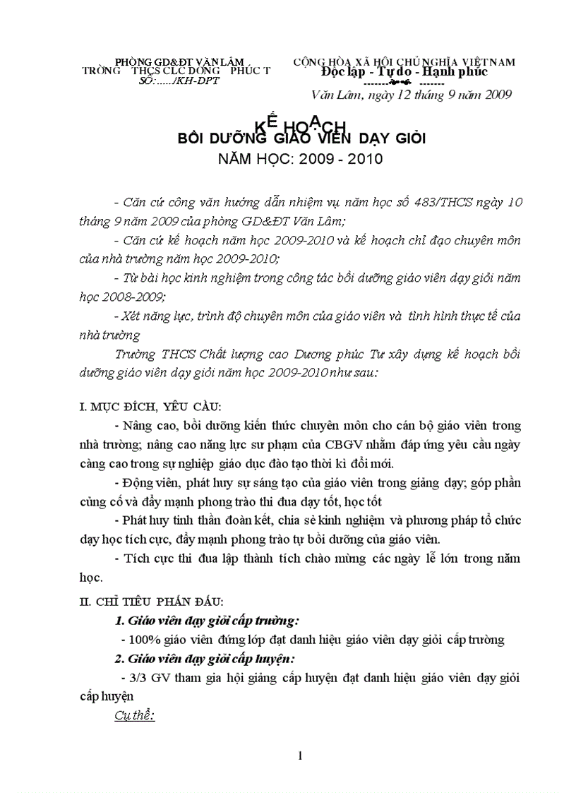 Kế hoạch bồi dưỡng giáo viên dạy giỏi