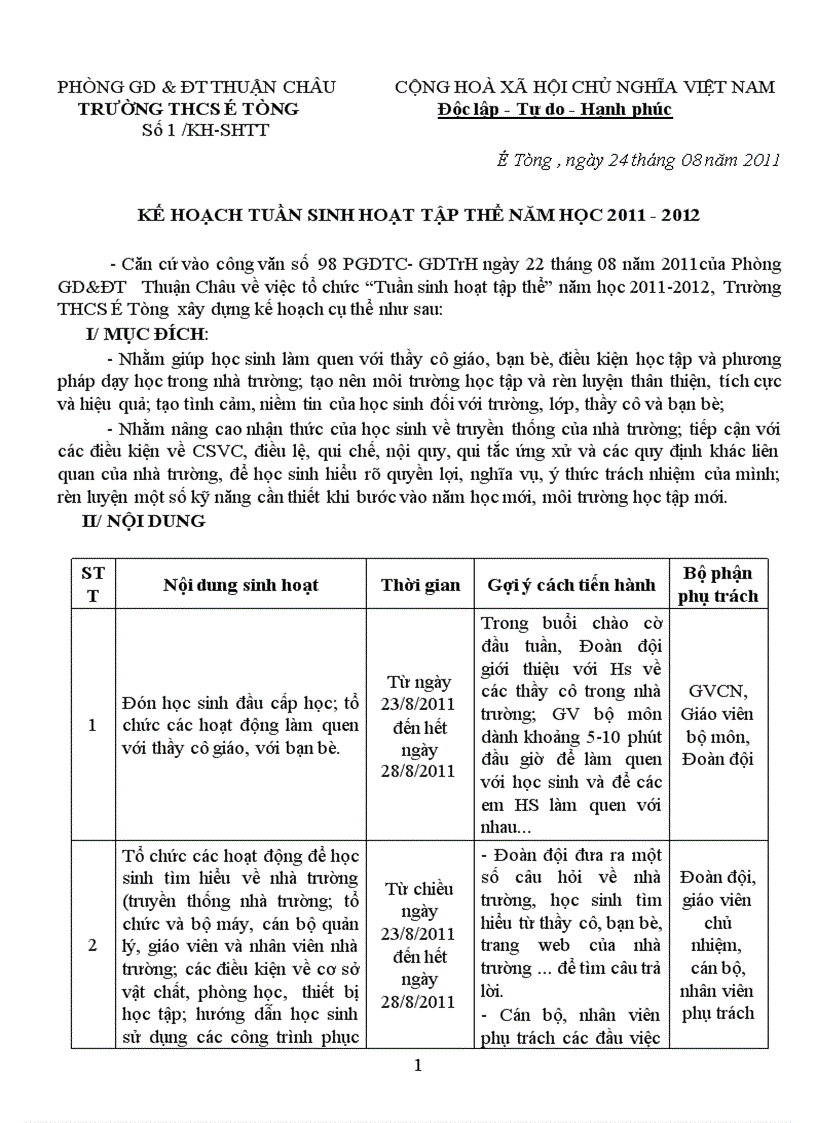 Kế hoạch tuần sinh hoạt TT