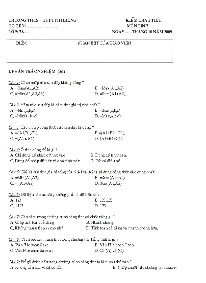 Kiểm Tra 1 tiết Tin học lớp 7