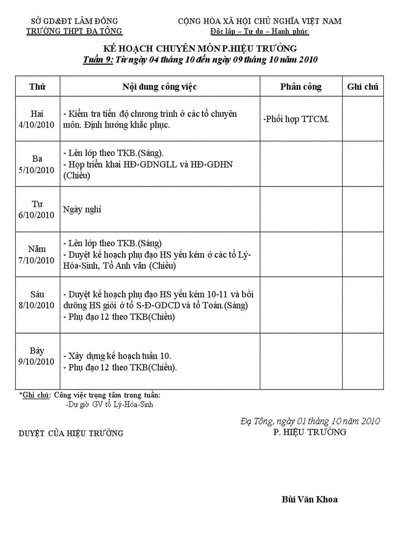 Kế hoạch P hiệu trưởng chuyên môn tuần 9