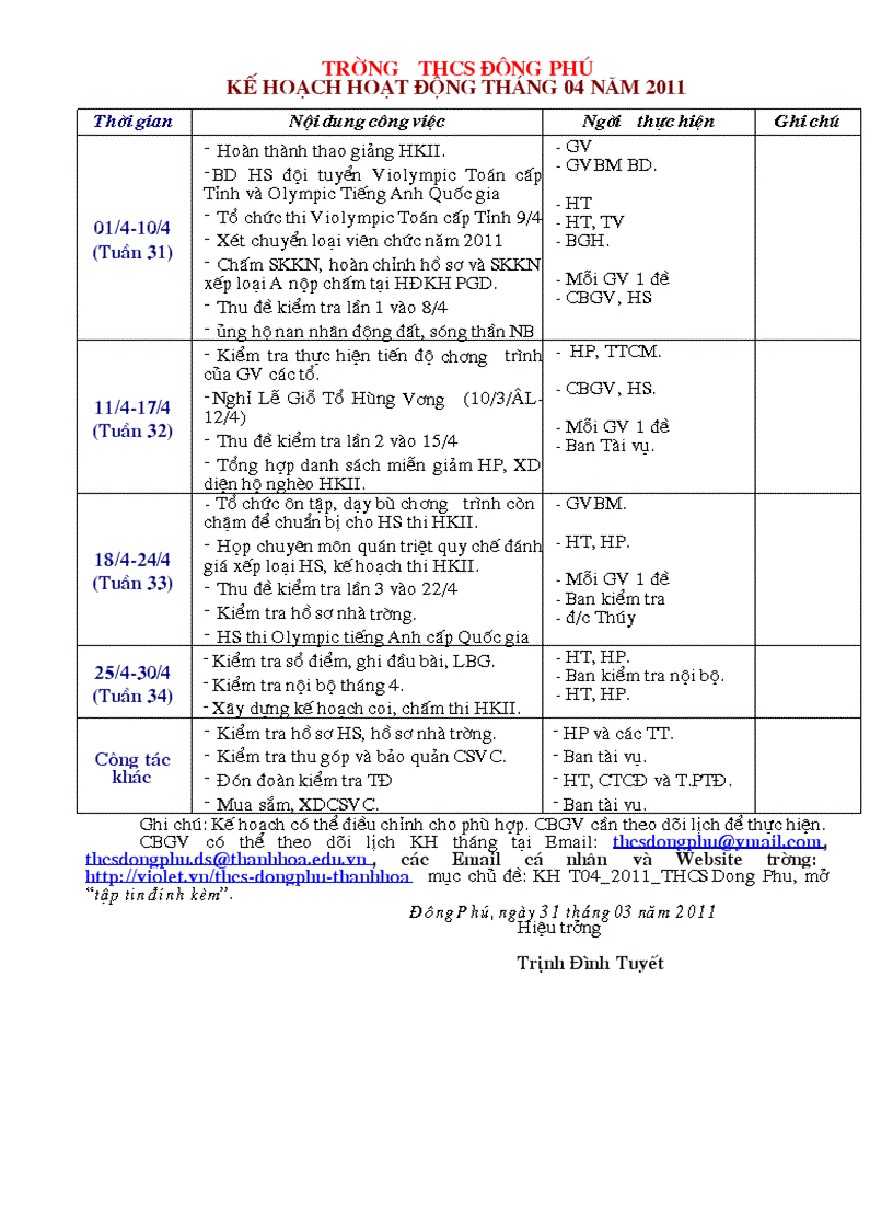 Kế hoạch hoạt động tháng 04 năm 2011 thcs đông phú