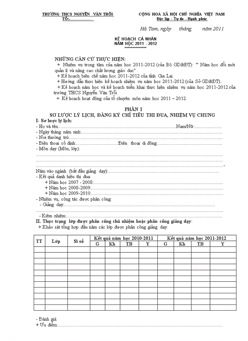 Kế hoạch cá nhân năm học 2011 2012