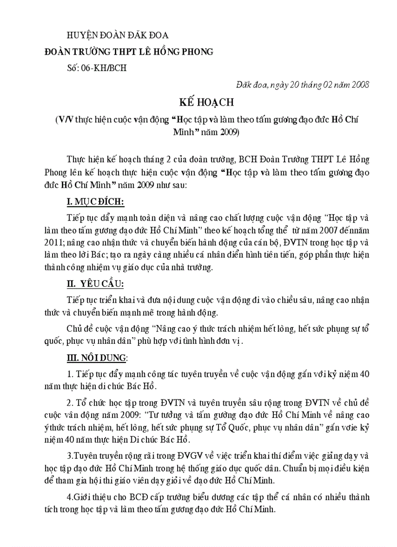 Ke hoach cuoc van dong hoc tập và làm theo tấm gương đạo đức Hồ Chí Minh 2009