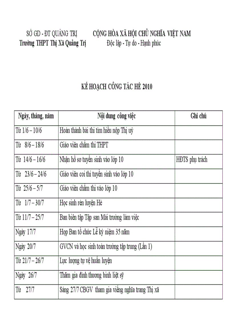 Kế hoạch công tác hè 2010