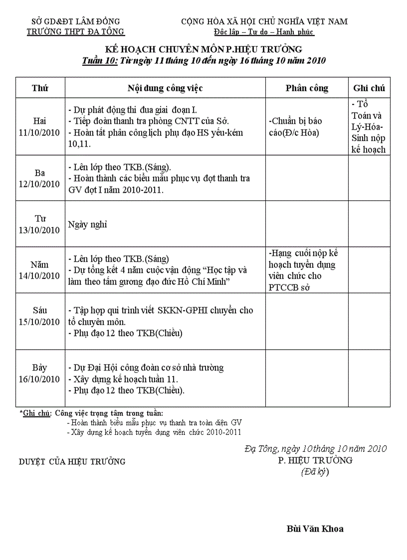Kế hoạch HP chuyên môn tuần 10