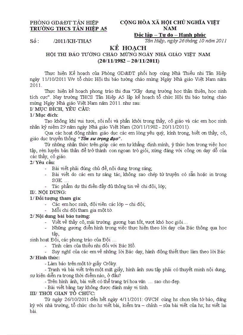 Kế hoạch Hội thi báo tường chào mừng Ngày Nhà giáo Việt Nam năm 2011